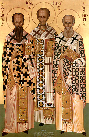 Василий Великий, Иоанн Златоуст и Григорий Богослов - современная греческая икона
